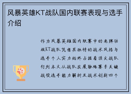 风暴英雄KT战队国内联赛表现与选手介绍